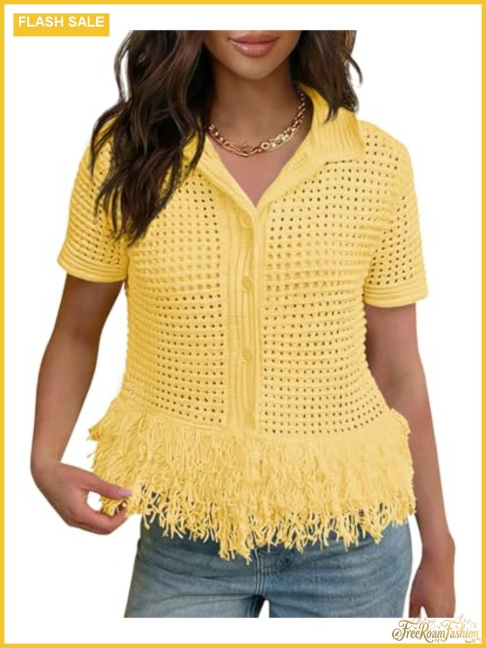 Women's Crochet Knit Cardigan Short Sleeve Fringe Collar Boho Summer Top